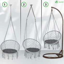 VOUNOT Swing Chair With Round Seat Cushion, Macrame Hammock Hanging Chair For Indoor, Outdoor, Grey -Outdoor Furniture Store 63632137 5