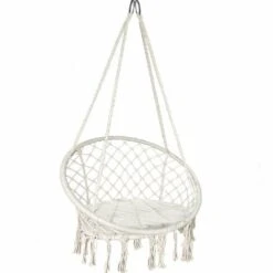 VOUNOT Swing Chair With Round Seat Cushion, Macrame Hammock Hanging Chair For Indoor, Outdoor, Beige