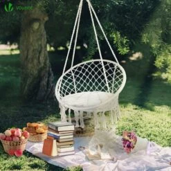 VOUNOT Swing Chair With Round Seat Cushion, Macrame Hammock Hanging Chair For Indoor, Outdoor, Beige -Outdoor Furniture Store 63632654 3
