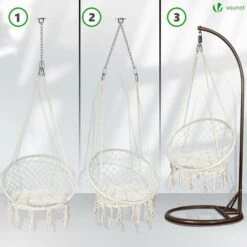 VOUNOT Swing Chair With Round Seat Cushion, Macrame Hammock Hanging Chair For Indoor, Outdoor, Beige -Outdoor Furniture Store 63632654 5