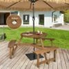 COSTWAY 6 Seater Wooden Picnic Table And Bench, Round Outdoor Dining Table Set With 3 Built-in Benches And Umbrella Hole, Picnic Patio Garden Furniture -Outdoor Furniture Store 64805494 1