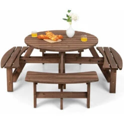 8-Person Outdoor Wooden Round Picnic Table Garden Circular Picnic Bear Table