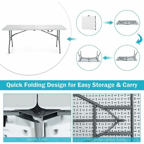 180cm Folding Camping Table With Carrying Handles, Portable Party Dining Picnic Table, Outdoor Indoor Kitchen Garden Patio Picnic BBQ Table, 150kg Load Capacity 6 180cm Folding Camping Table With Carrying Handles, Portable Party Dining Picnic Table, Outdoor Indoor Kitchen Garden Patio Picnic BBQ Table, 150kg Load Capacity - Image 4