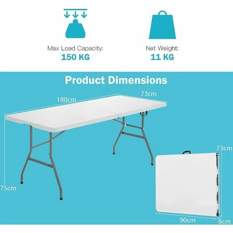180cm Folding Camping Table With Carrying Handles, Portable Party Dining Picnic Table, Outdoor Indoor Kitchen Garden Patio Picnic BBQ Table, 150kg Load Capacity 7 180cm Folding Camping Table With Carrying Handles, Portable Party Dining Picnic Table, Outdoor Indoor Kitchen Garden Patio Picnic BBQ Table, 150kg Load Capacity - Image 5