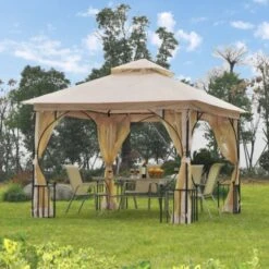 Outsunny Gazebo Party Tent Canopy Sun Shade For Patio Garden Beige, Black -Outdoor Furniture Store 6653148 3