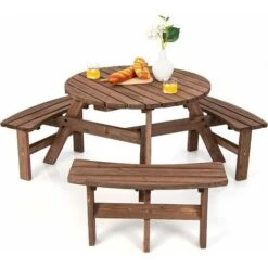 Wooden Picnic Table And Bench, Round Outdoor Dining Table Set With Built-in Benches And Umbrella Hole, Picnic Patio Garden Furniture (6 Seater, 170x170x70cm)