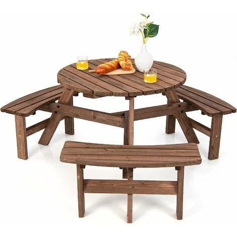 Wooden Picnic Table And Bench, Round Outdoor Dining Table Set With Built-in Benches And Umbrella Hole, Picnic Patio Garden Furniture (6 Seater, 170x170x70cm) 3 Wooden Picnic Table And Bench, Round Outdoor Dining Table Set With Built-in Benches And Umbrella Hole, Picnic Patio Garden Furniture (6 Seater, 170x170x70cm)