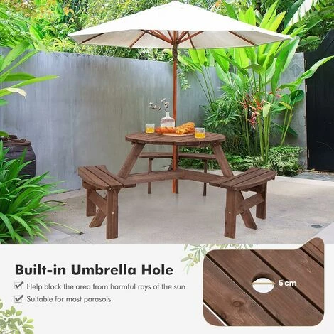 Wooden Picnic Table And Bench, Round Outdoor Dining Table Set With Built-in Benches And Umbrella Hole, Picnic Patio Garden Furniture (6 Seater, 170x170x70cm) 4 Wooden Picnic Table And Bench, Round Outdoor Dining Table Set With Built-in Benches And Umbrella Hole, Picnic Patio Garden Furniture (6 Seater, 170x170x70cm) - Image 2