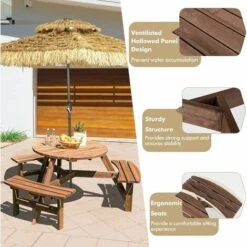Wooden Picnic Table And Bench, Round Outdoor Dining Table Set With Built-in Benches And Umbrella Hole, Picnic Patio Garden Furniture (6 Seater, 170x170x70cm) 9 Wooden Picnic Table And Bench, Round Outdoor Dining Table Set With Built-in Benches And Umbrella Hole, Picnic Patio Garden Furniture (6 Seater, 170x170x70cm) -Outdoor Furniture Store 67165674 3