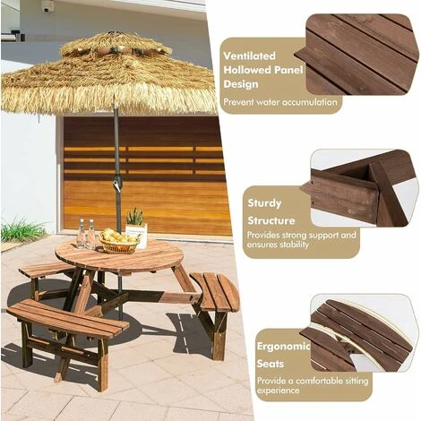 Wooden Picnic Table And Bench, Round Outdoor Dining Table Set With Built-in Benches And Umbrella Hole, Picnic Patio Garden Furniture (6 Seater, 170x170x70cm) 5 Wooden Picnic Table And Bench, Round Outdoor Dining Table Set With Built-in Benches And Umbrella Hole, Picnic Patio Garden Furniture (6 Seater, 170x170x70cm) - Image 3