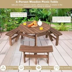 Wooden Picnic Table And Bench, Round Outdoor Dining Table Set With Built-in Benches And Umbrella Hole, Picnic Patio Garden Furniture (6 Seater, 170x170x70cm) 10 Wooden Picnic Table And Bench, Round Outdoor Dining Table Set With Built-in Benches And Umbrella Hole, Picnic Patio Garden Furniture (6 Seater, 170x170x70cm) -Outdoor Furniture Store 67165674 4