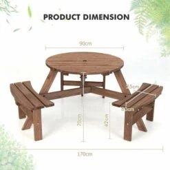 Wooden Picnic Table And Bench, Round Outdoor Dining Table Set With Built-in Benches And Umbrella Hole, Picnic Patio Garden Furniture (6 Seater, 170x170x70cm) 11 Wooden Picnic Table And Bench, Round Outdoor Dining Table Set With Built-in Benches And Umbrella Hole, Picnic Patio Garden Furniture (6 Seater, 170x170x70cm) -Outdoor Furniture Store 67165674 5