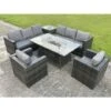 Fimous Outdoor Rattan Garden Corner Furniture Gas Fire Pit Dining Table Gas Heater Sets Lounge Chairs Side Table Dark Grey 8 Seater