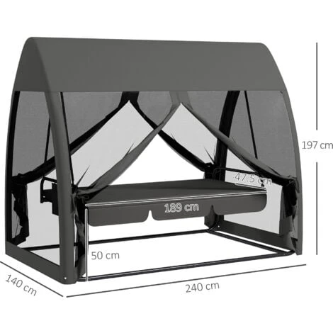 Outsunny Garden Swing Chair Patio Hammock 3 Seater Bench Canopy Lounger Grey 4 Outsunny Garden Swing Chair Patio Hammock 3 Seater Bench Canopy Lounger Grey - Image 2