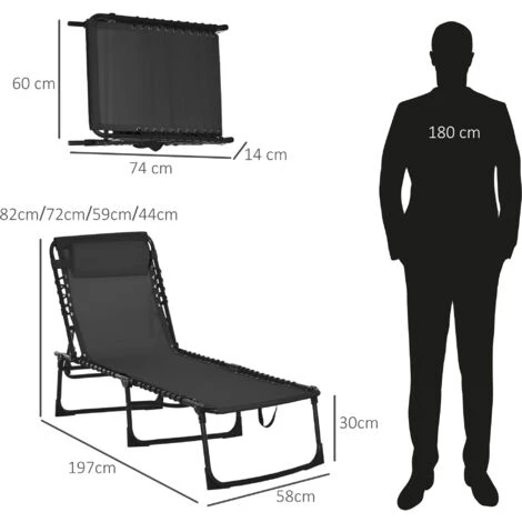 Outsunny Garden Sun Lounger Reclining Cot Foldable Hiking Camping Chair Black 4 Outsunny Garden Sun Lounger Reclining Cot Foldable Hiking Camping Chair Black - Image 2