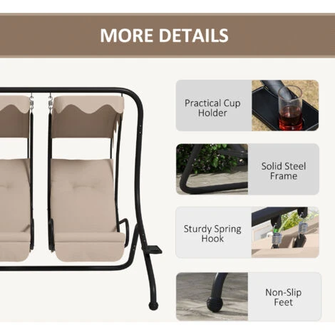 Outsunny Canopy Swing 2 Separate Relax Chairs W/ Removable Canopy Beige 7 Outsunny Canopy Swing 2 Separate Relax Chairs W/ Removable Canopy Beige - Image 5