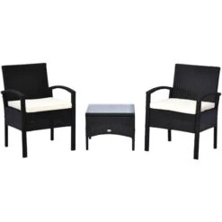Outsunny 3PC Garden Rattan Bistro Set Balcony Dining Table 2 Seater Chair Black