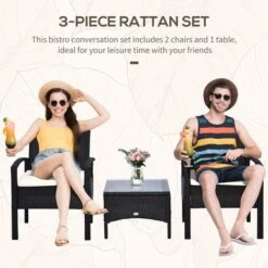 Outsunny 3PC Garden Rattan Bistro Set Balcony Dining Table 2 Seater Chair Black -Outdoor Furniture Store 7061085 4