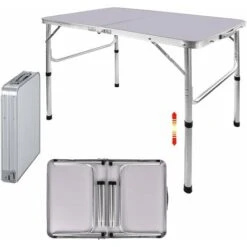 90CM Portable Aluminum Folding Table Party Garden BBQ Camping Table, 2 Gear Adjustable Height Lightweight Aluminum Foldable Table For Outdoor Picnic Cooking, White, Unfolding Size: 90x67/37CM