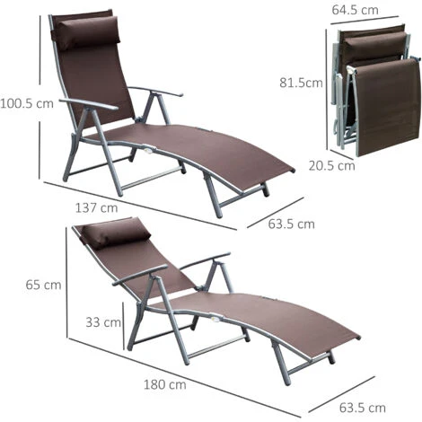 Outsunny Sun Lounger Recliner W/ Pillow Foldable 7 Levels Textilene Brown 4 Outsunny Sun Lounger Recliner W/ Pillow Foldable 7 Levels Textilene Brown - Image 2