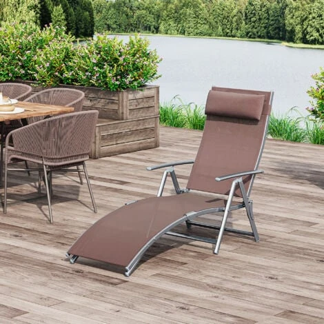 Outsunny Sun Lounger Recliner W/ Pillow Foldable 7 Levels Textilene Brown 5 Outsunny Sun Lounger Recliner W/ Pillow Foldable 7 Levels Textilene Brown - Image 3
