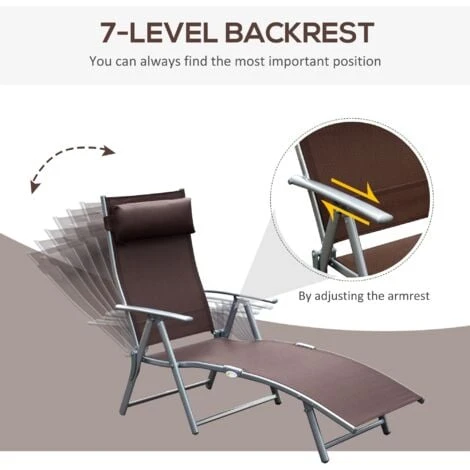 Outsunny Sun Lounger Recliner W/ Pillow Foldable 7 Levels Textilene Brown 6 Outsunny Sun Lounger Recliner W/ Pillow Foldable 7 Levels Textilene Brown - Image 4
