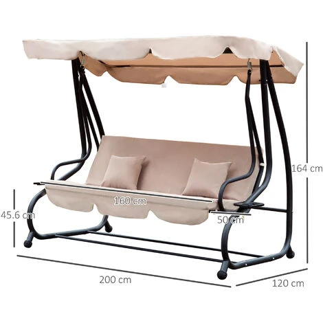 Outsunny 2-in-1 Garden Swing Chair For 3 Person W/ Adjustable Canopy Light Brown 4 Outsunny 2-in-1 Garden Swing Chair For 3 Person W/ Adjustable Canopy Light Brown - Image 2