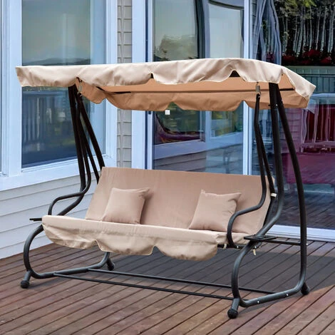 Outsunny 2-in-1 Garden Swing Chair For 3 Person W/ Adjustable Canopy Light Brown 5 Outsunny 2-in-1 Garden Swing Chair For 3 Person W/ Adjustable Canopy Light Brown - Image 3