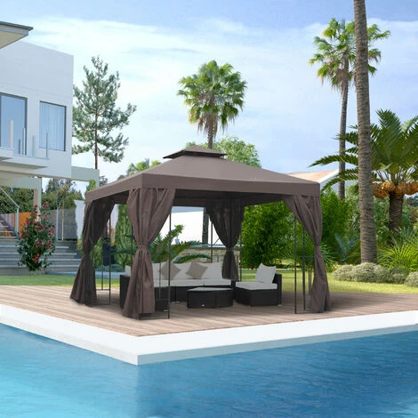 Outsunny 3 X 3m Garden Metal Gazebo Sun Shade Shelter Outdoor Party Tent Brown 5 Outsunny 3 X 3m Garden Metal Gazebo Sun Shade Shelter Outdoor Party Tent Brown - Image 3