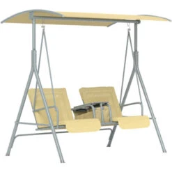 Outsunny 2 Person Covered Patio Swing With Pivot Table & Storage Console Beige