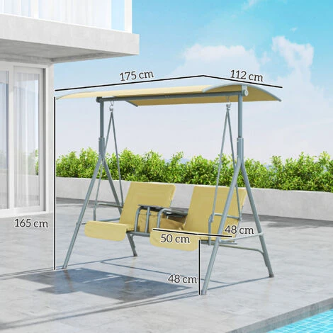 Outsunny 2 Person Covered Patio Swing With Pivot Table & Storage Console Beige 4 Outsunny 2 Person Covered Patio Swing With Pivot Table & Storage Console Beige - Image 2