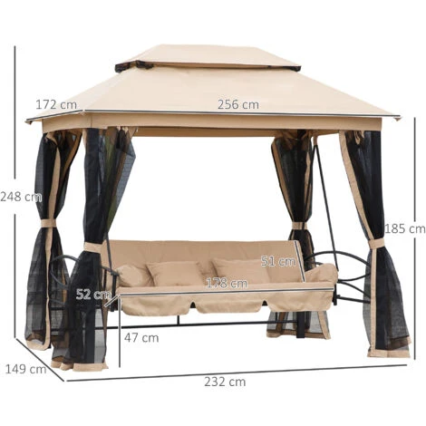 Outsunny 3 Seater Swing Chair Hammock Gazebo Patio Bench Outdoor Beige 4 Outsunny 3 Seater Swing Chair Hammock Gazebo Patio Bench Outdoor Beige - Image 2