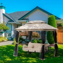 Outsunny 3 Seater Swing Chair Hammock Gazebo Patio Bench Outdoor Beige 9 Outsunny 3 Seater Swing Chair Hammock Gazebo Patio Bench Outdoor Beige -Outdoor Furniture Store 7842301 3