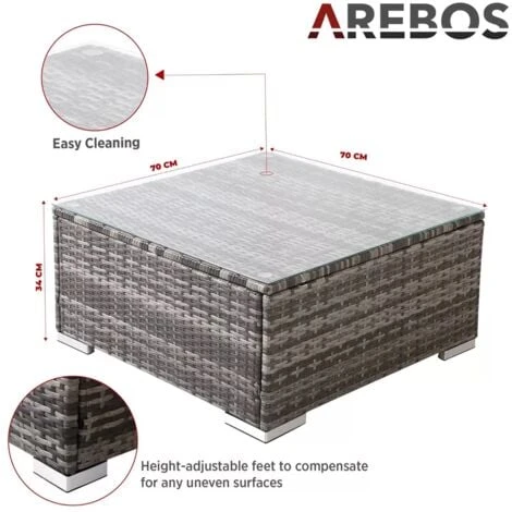 AREBOS Polyrattan Glass Coffee Table Side Table Garden Table Grey 6 AREBOS Polyrattan Glass Coffee Table Side Table Garden Table Grey - Image 4