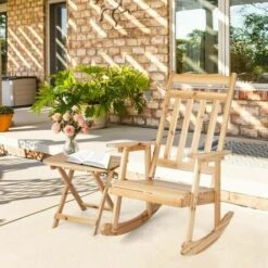2 PCS Wooden Patio Garden Bistro Set Front Porch Rocking Chair &Foldable Table -Outdoor Furniture Store 82173295 3