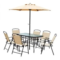 Outsunny 8 Pieces Dining Set Furniture Foldable Chair Table Parasol Beige Garden