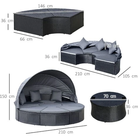 Outsunny Garden Daybed W/ Cushioned Round Sofa Bed Conversation Furnitur Set 4 Outsunny Garden Daybed W/ Cushioned Round Sofa Bed Conversation Furnitur Set - Image 2