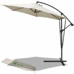 VOUNOT 3m Cantilever Garden Parasol, Banana Patio Umbrella With Crank Handle, Wind Protection Strap And Tilt, Beige