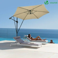 VOUNOT 3m Cantilever Garden Parasol, Banana Patio Umbrella With Crank Handle, Wind Protection Strap And Tilt, Khaki -Outdoor Furniture Store 82892808 5