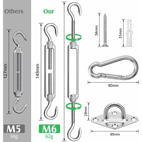 Shade Sail Hardware Kit - 304 Stainless Steel Sun Shade Installation Kit - 6 - For Installing Shade Sails 4 Shade Sail Hardware Kit - 304 Stainless Steel Sun Shade Installation Kit - 6 - For Installing Shade Sails - Image 2
