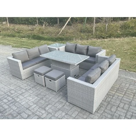 Fimous U Shape Lounge Rattan Garden Furniture Set Adjustable Rising Lifting Table Dining Set With Side Coffee Tea Table Stool 3 Fimous U Shape Lounge Rattan Garden Furniture Set Adjustable Rising Lifting Table Dining Set With Side Coffee Tea Table Stool