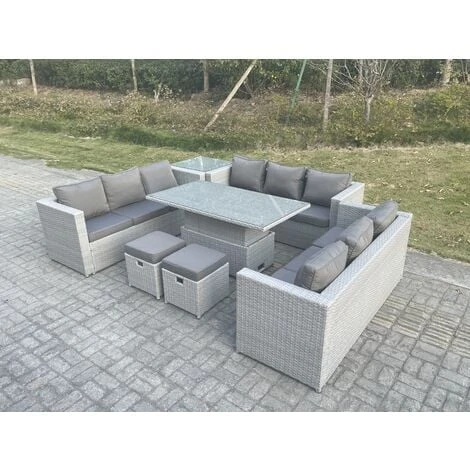 Fimous U Shape Lounge Rattan Garden Furniture Set Adjustable Rising Lifting Table Dining Set With Side Coffee Tea Table Stool 4 Fimous U Shape Lounge Rattan Garden Furniture Set Adjustable Rising Lifting Table Dining Set With Side Coffee Tea Table Stool - Image 2