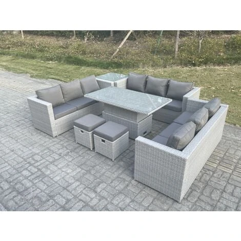 Fimous U Shape Lounge Rattan Garden Furniture Set Adjustable Rising Lifting Table Dining Set With Side Coffee Tea Table Stool 5 Fimous U Shape Lounge Rattan Garden Furniture Set Adjustable Rising Lifting Table Dining Set With Side Coffee Tea Table Stool - Image 3