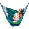AMANKA Swing Hammock 110x145cm Max 150Kg Cotton Hanging Chair Suspended Swinging Fabric Seat Blue And Green Stripes