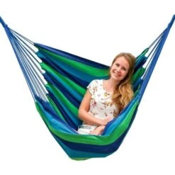 AMANKA Swing Hammock 110x145cm Max 150Kg Cotton Hanging Chair Suspended Swinging Fabric Seat Blue And Green Stripes