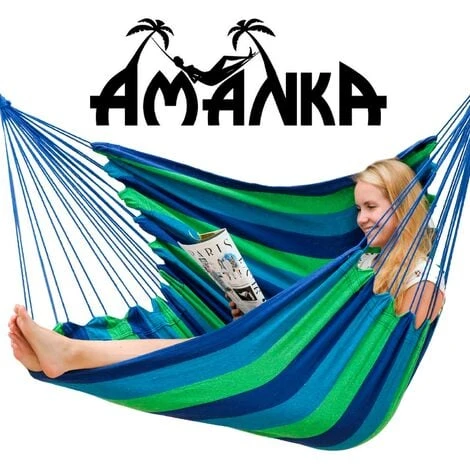AMANKA Swing Hammock 110x145cm Max 150Kg Cotton Hanging Chair Suspended Swinging Fabric Seat Blue And Green Stripes 4 AMANKA Swing Hammock 110x145cm Max 150Kg Cotton Hanging Chair Suspended Swinging Fabric Seat Blue And Green Stripes - Image 2