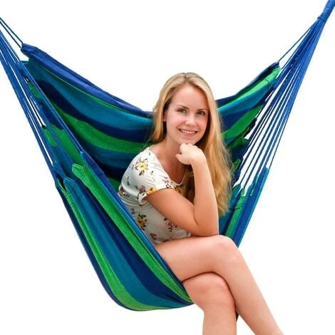 AMANKA Swing Hammock 110x145cm Max 150Kg Cotton Hanging Chair Suspended Swinging Fabric Seat Blue And Green Stripes 5 AMANKA Swing Hammock 110x145cm Max 150Kg Cotton Hanging Chair Suspended Swinging Fabric Seat Blue And Green Stripes - Image 3