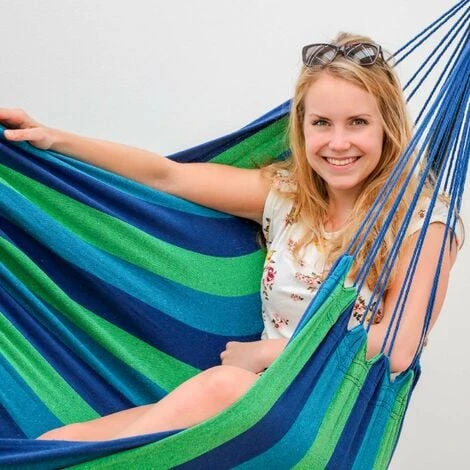 AMANKA Swing Hammock 110x145cm Max 150Kg Cotton Hanging Chair Suspended Swinging Fabric Seat Blue And Green Stripes 6 AMANKA Swing Hammock 110x145cm Max 150Kg Cotton Hanging Chair Suspended Swinging Fabric Seat Blue And Green Stripes - Image 4