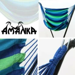 AMANKA Swing Hammock 110x145cm Max 150Kg Cotton Hanging Chair Suspended Swinging Fabric Seat Blue And Green Stripes 11 AMANKA Swing Hammock 110x145cm Max 150Kg Cotton Hanging Chair Suspended Swinging Fabric Seat Blue And Green Stripes -Outdoor Furniture Store 86609448 5