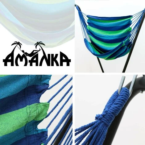 AMANKA Swing Hammock 110x145cm Max 150Kg Cotton Hanging Chair Suspended Swinging Fabric Seat Blue And Green Stripes 7 AMANKA Swing Hammock 110x145cm Max 150Kg Cotton Hanging Chair Suspended Swinging Fabric Seat Blue And Green Stripes - Image 5